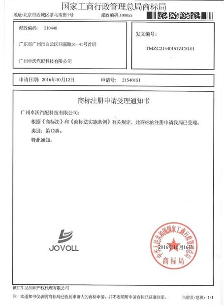 China Guangzhou Jovoll Auto Parts Technology Co., Ltd. Certificações